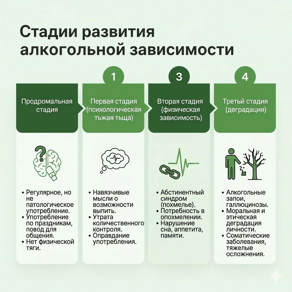 Инфографика: 4 стадии развития алкоголизма — от продромальной до деградации личности.