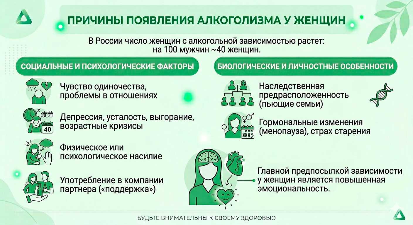 Инфографика, перечисляющая социальные, психологические и биологические причины женского алкоголизма