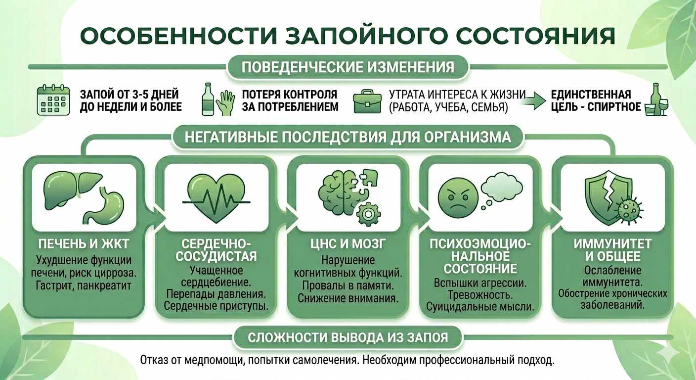 Краткая инфографика о симптомах и последствиях запоя. Разделена на поведенческие признаки и список заболеваний, развивающихся в различных системах организма. Включает вывод о необходимости профессионального вывода из запоя
